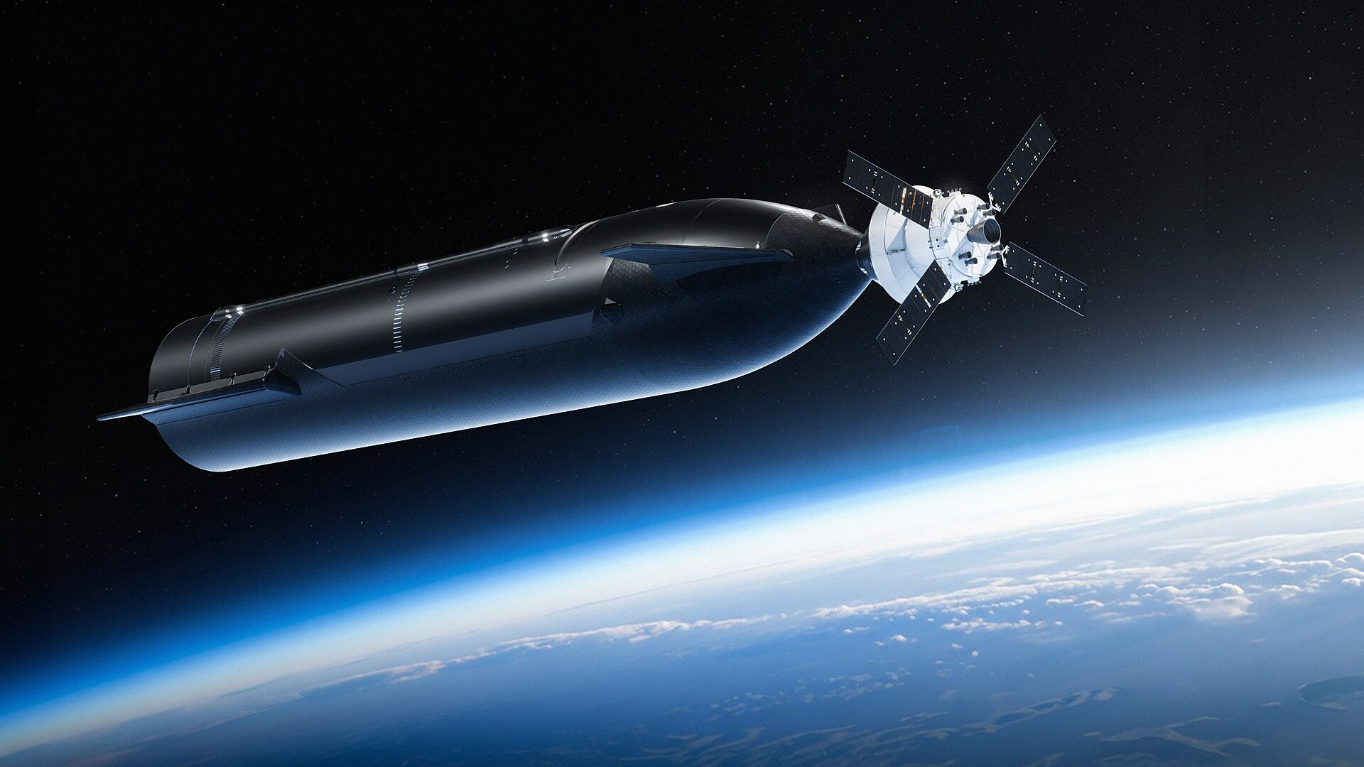 An artist's concept shows NASA's Orion spacecraft docking with the nose of SpaceX's Starship lander test article in low Earth orbit, as planned for A…