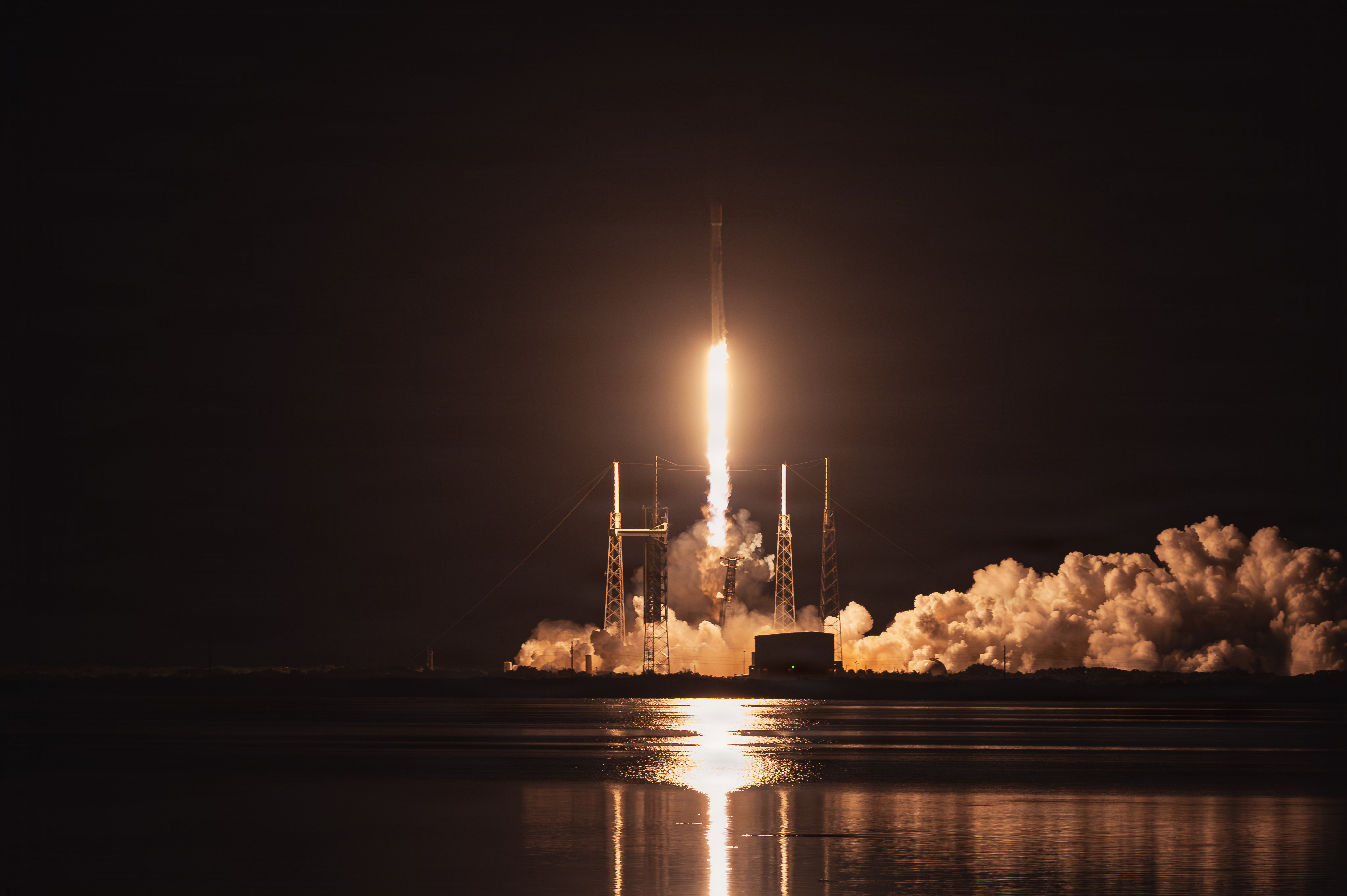 A SpaceX Falcon 9 rocket launches AST SpaceMobile's BlueBird 11-13 satellites from Cape Canaveral Space Force Station, Florida, on Aug. 5, 2026.