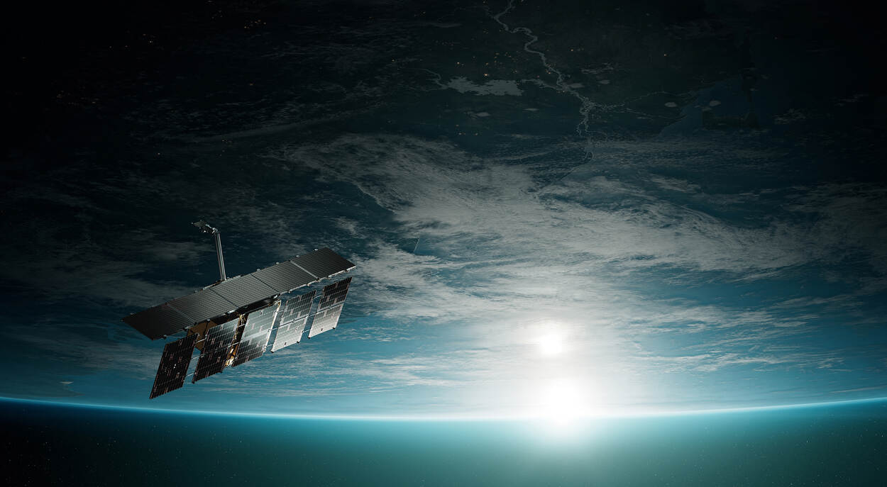 An artist's rendering shows an ICEYE radar imaging satellite in orbit above Earth.
