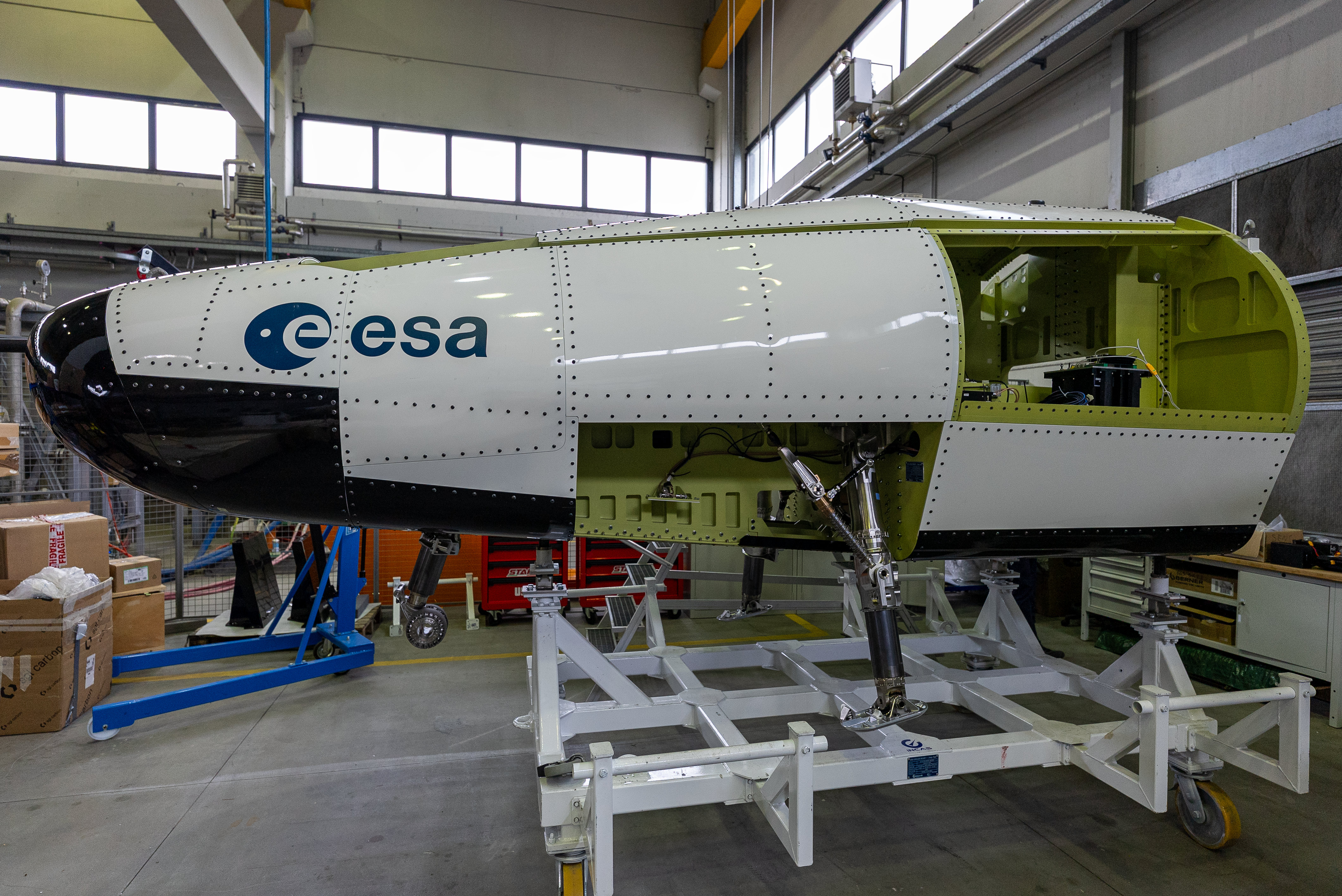 ESA's first full-size Space Rider drop-test model sits at the Italian Aerospace Research Centre in Capua, Italy, in a photo released in April 2026.