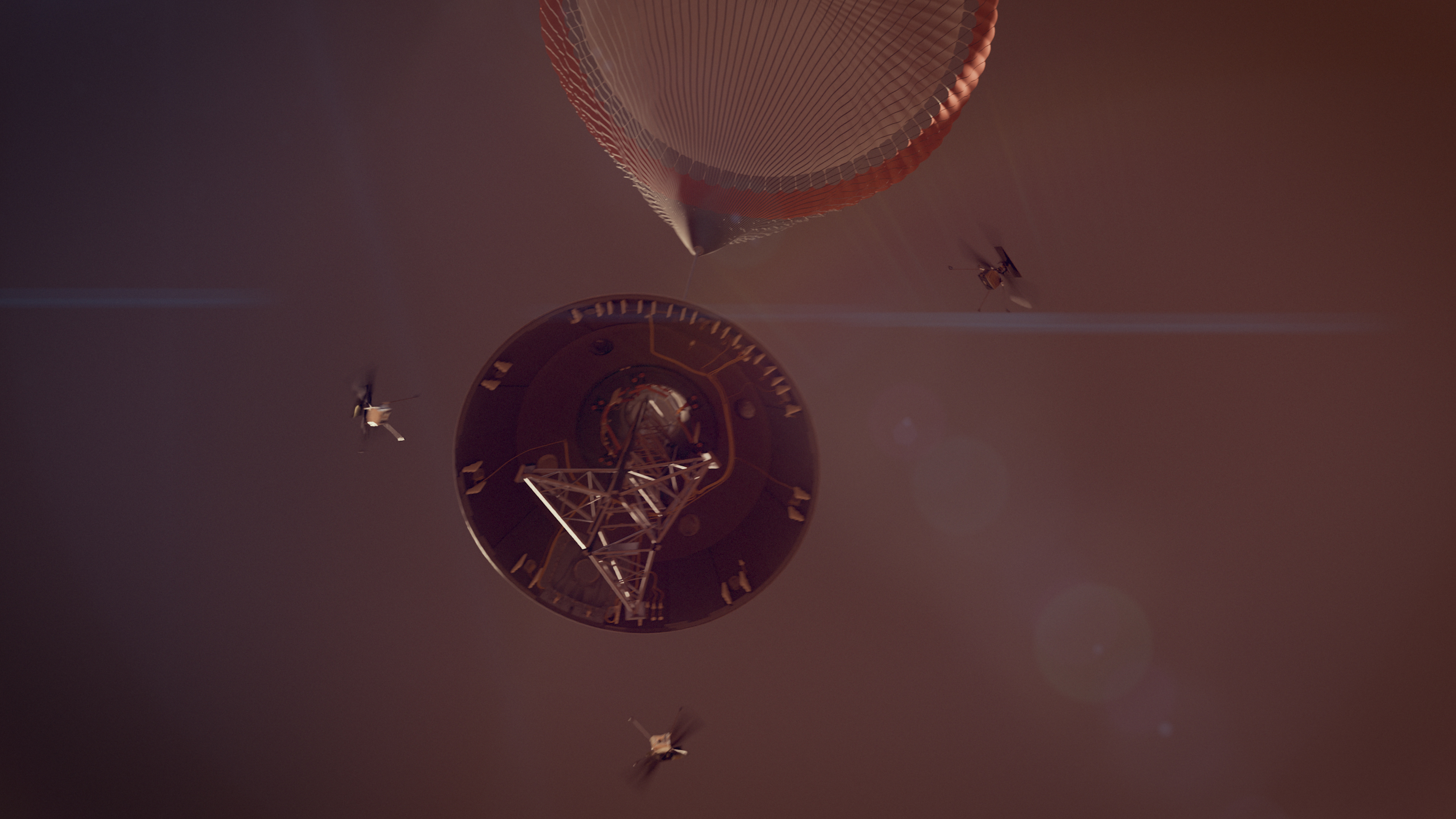 In this artist's concept, SkyFall's three helicopters fly free of the descending spacecraft as a parachute slows it through the Martian atmosphere.