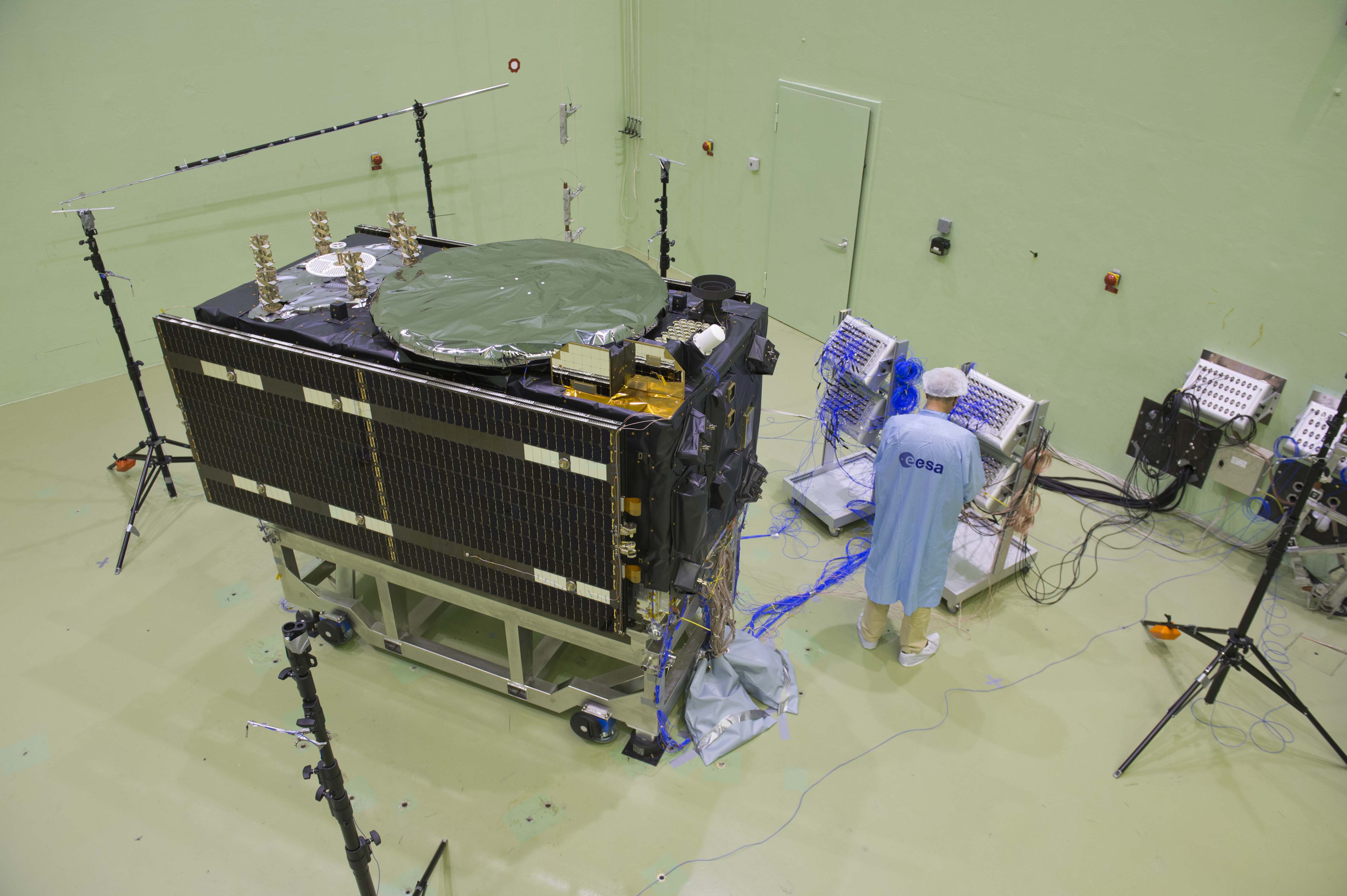 The first full-operational-capability Galileo satellite stands ready for acoustic testing at ESA's ESTEC centre in the Netherlands in July 2013.