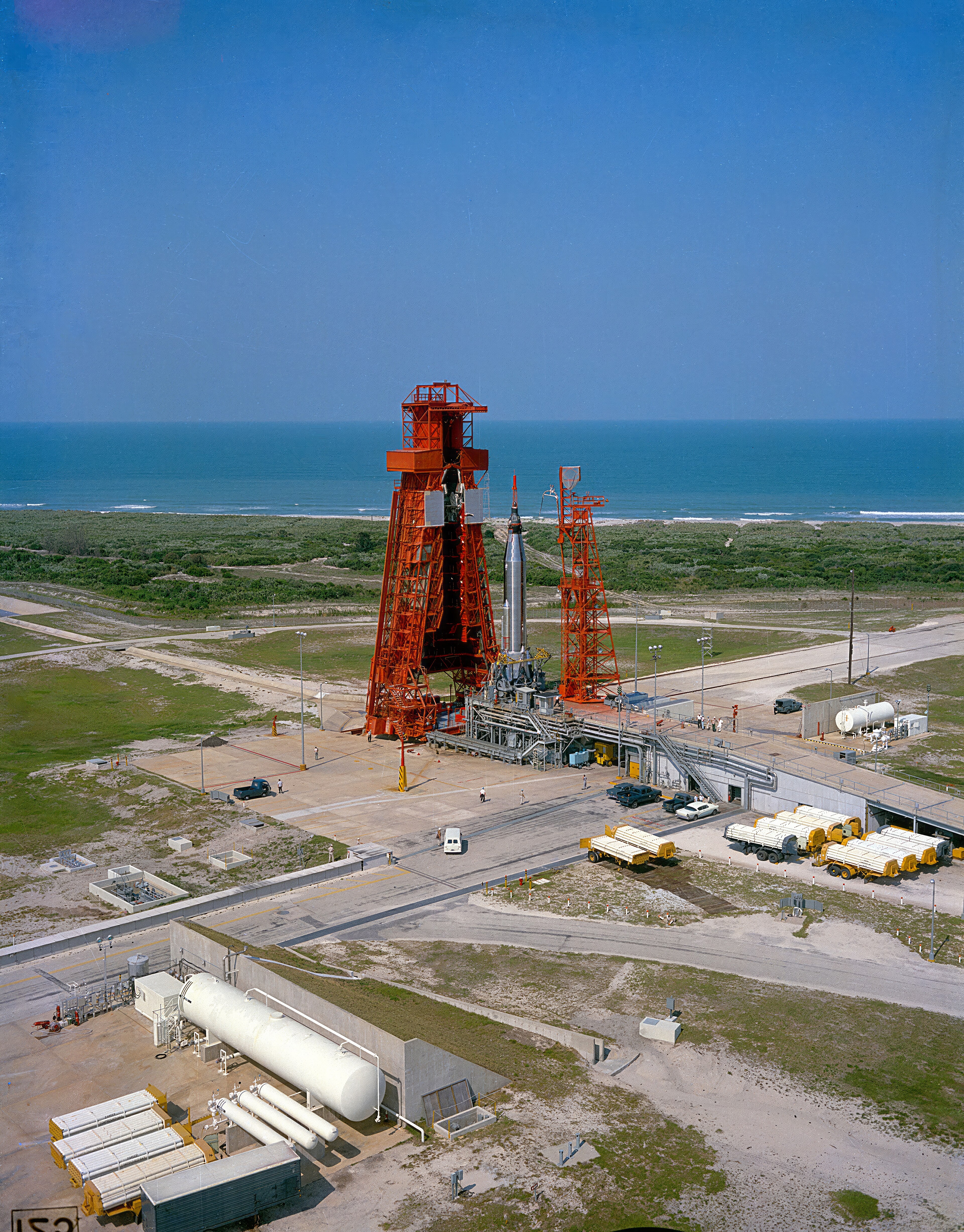 Launch Complex 14 at Cape Canaveral, now home to Stoke Space's first pad, in a May 1963 aerial view with Mercury-Atlas 9 on the pad.