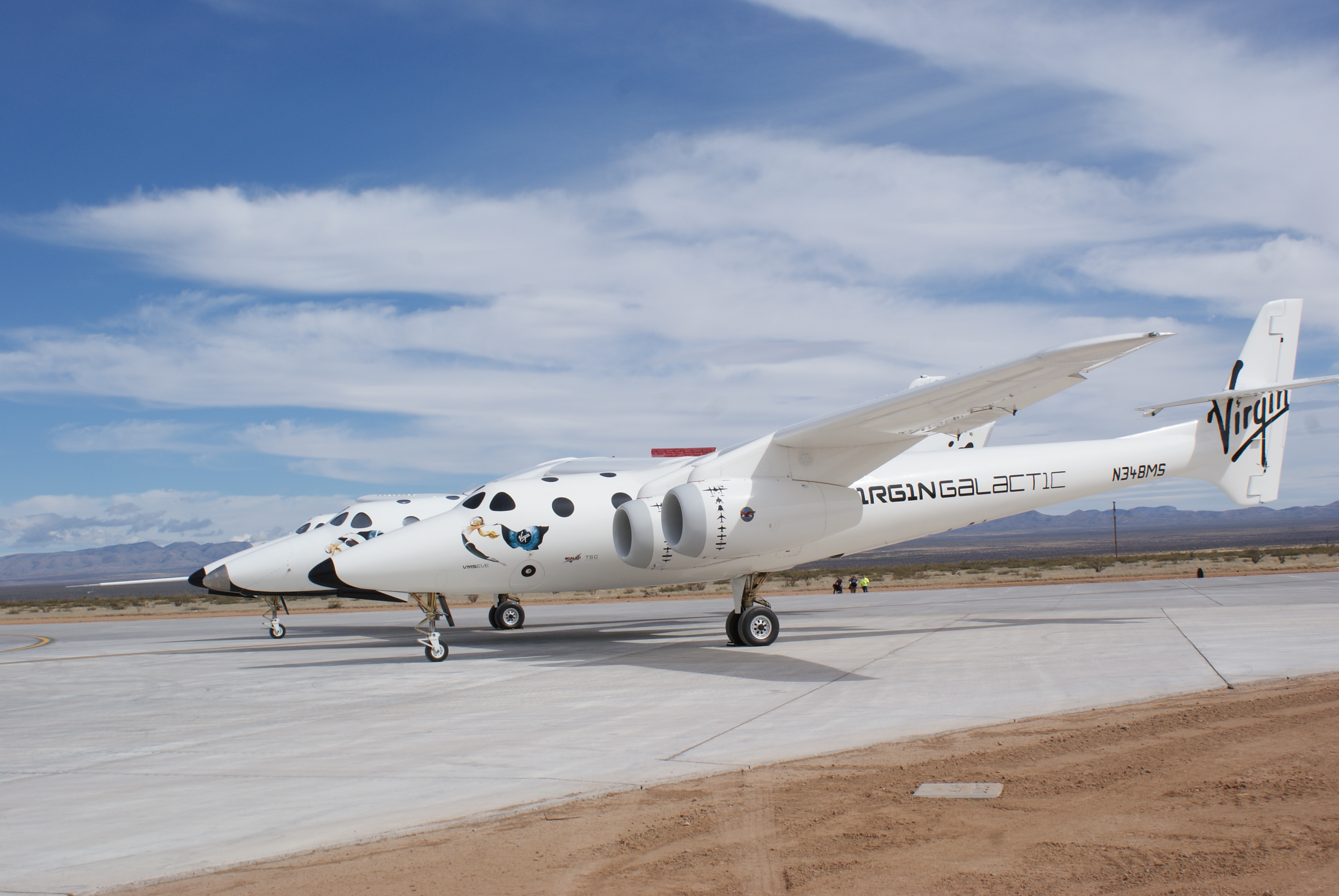 Virgin Galactic's carrier aircraft Eve with the earlier spaceship VSS Enterprise on the taxiway at Spaceport America, Oct. 22, 2010.