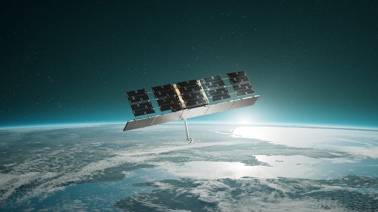 An artist's rendering of an ICEYE synthetic aperture radar satellite in orbit above Earth.