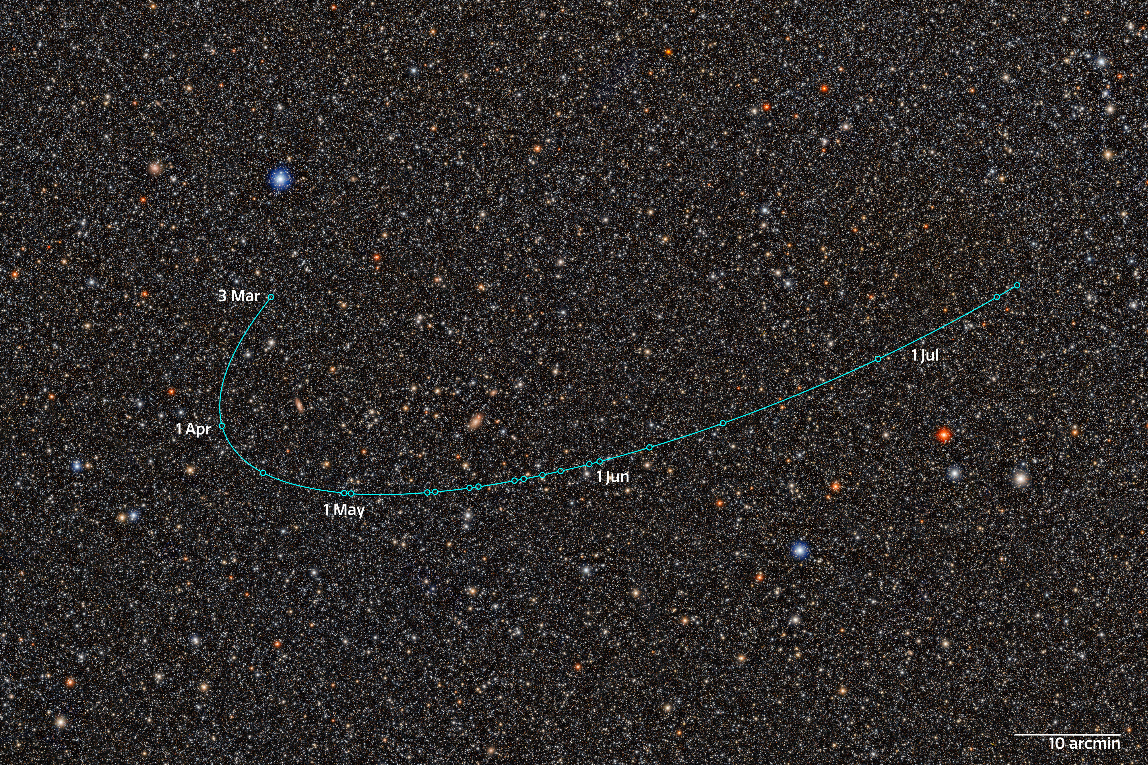 Orbital pathway of dwarf planet candidate 2026 ED138 across a crowded star field, as observed by Rubin Observatory between March and July 2026.