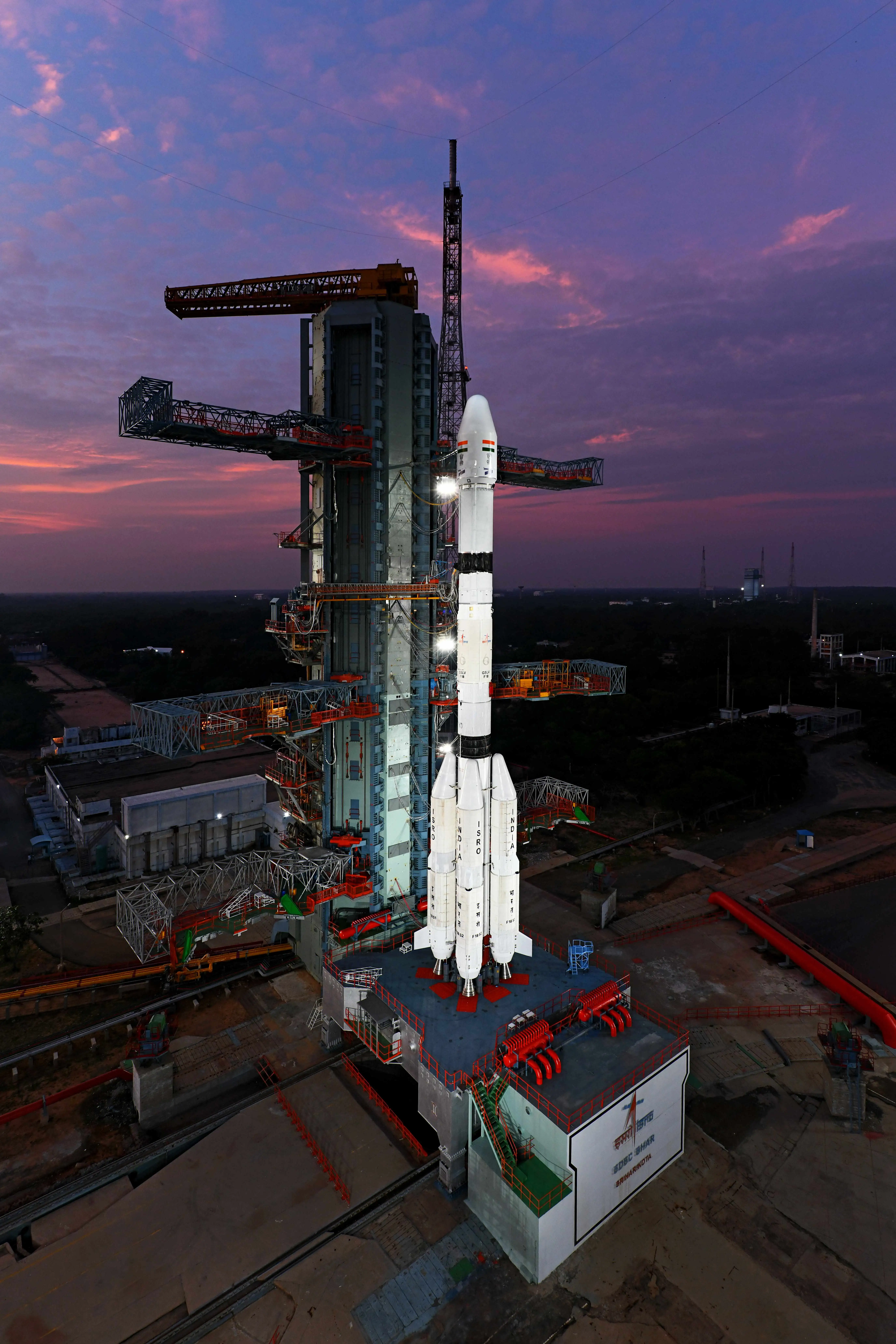 ISRO's GSLV-F18 stands on the Second Launch Pad at the Satish Dhawan Space Centre in Sriharikota before the NVS-03 launch.