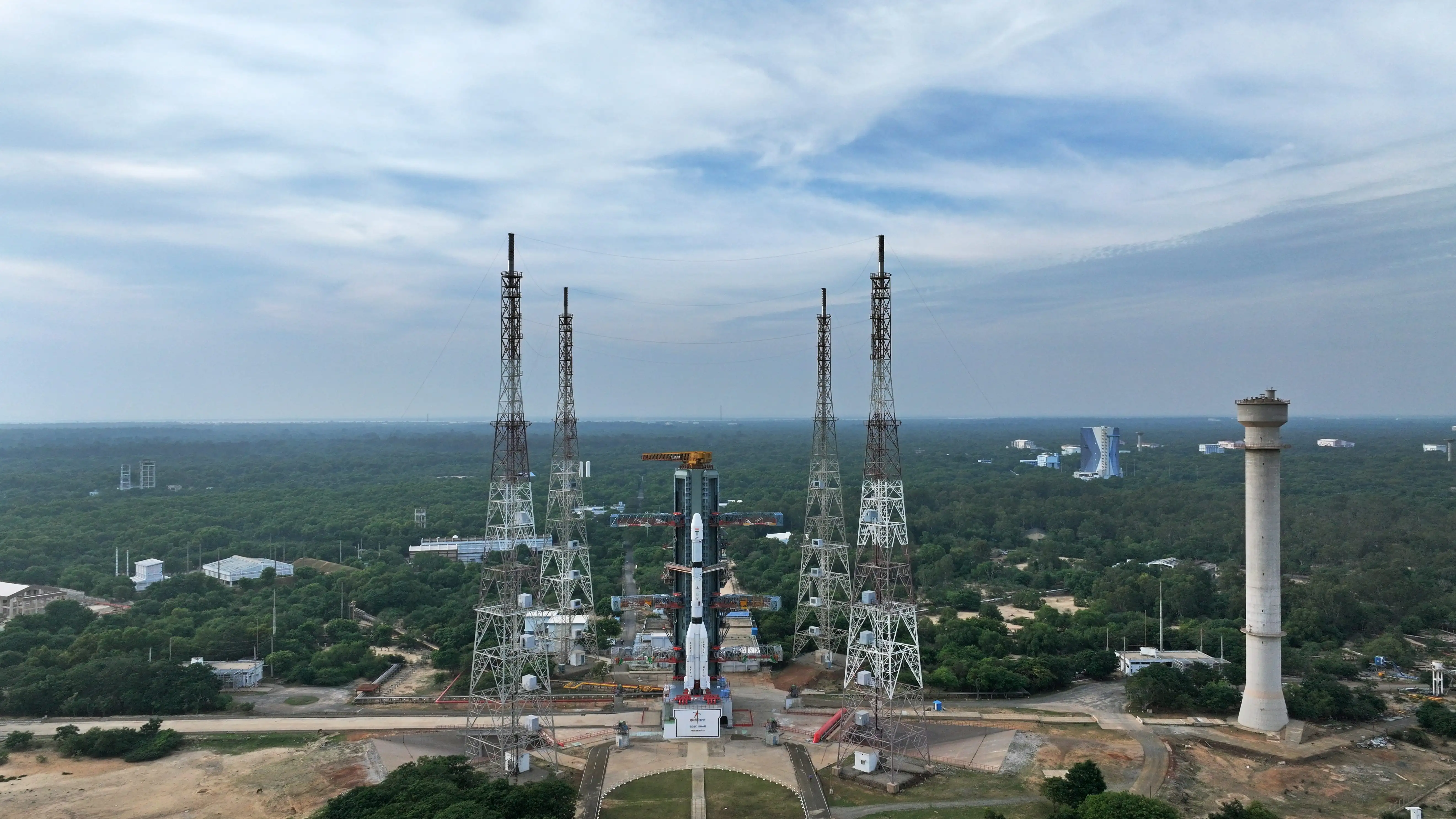 An aerial view of GSLV-F18 on the Second Launch Pad at Satish Dhawan Space Centre, Sriharikota, ahead of the Oct. 30 liftoff.